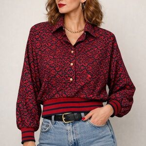 Vintage Schmode Sport Petite Blouse | Red & Navy Print | Size 8